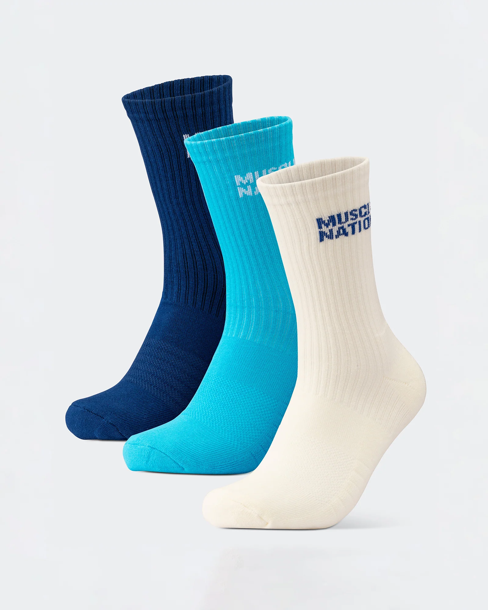 Mens Essential Crew Socks (3x Pack) - Navy / Hawaiian Blue / Off White